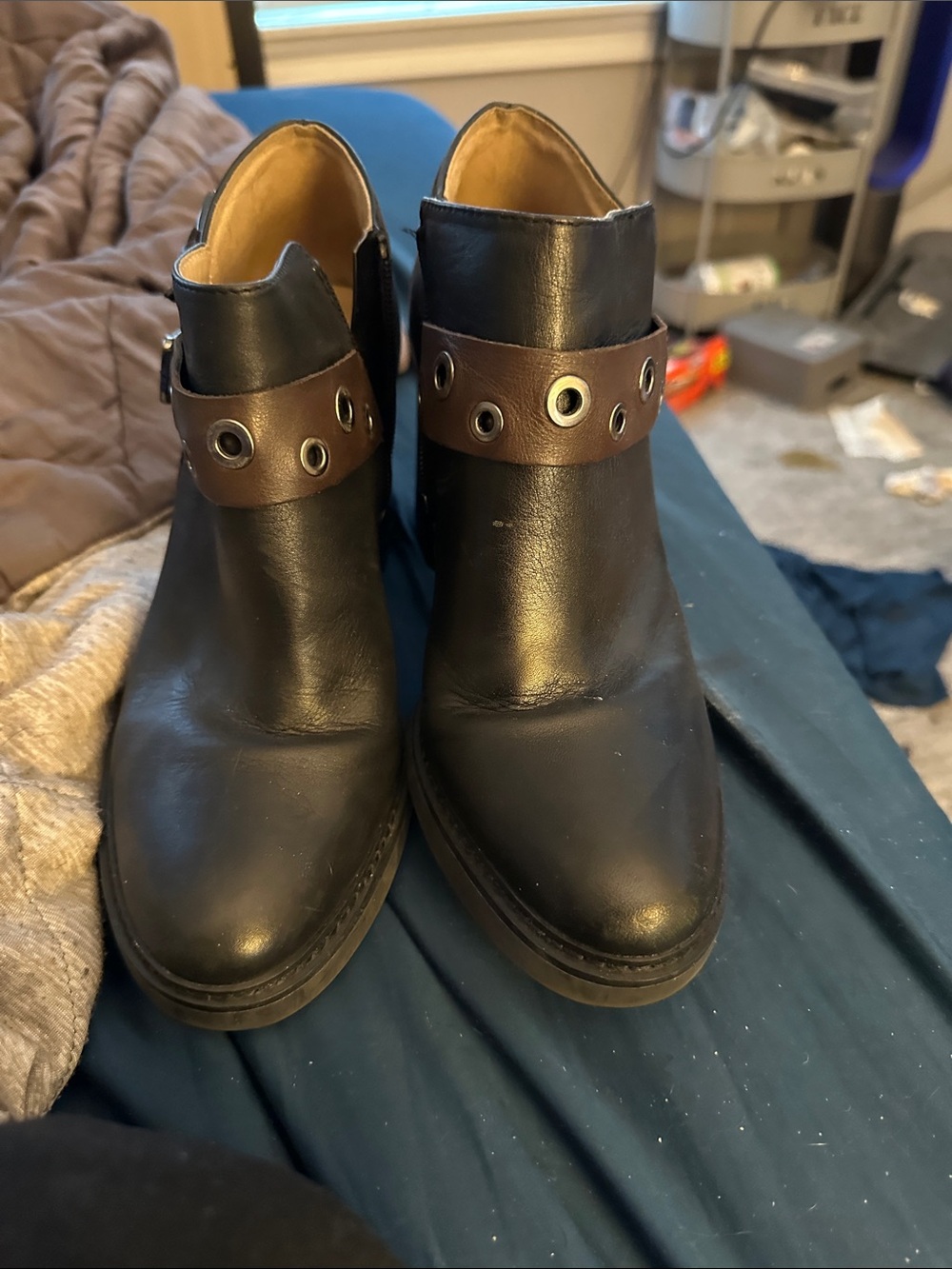 Naturalizer Black Leather Heeled Ankle Boots with Brown Strap